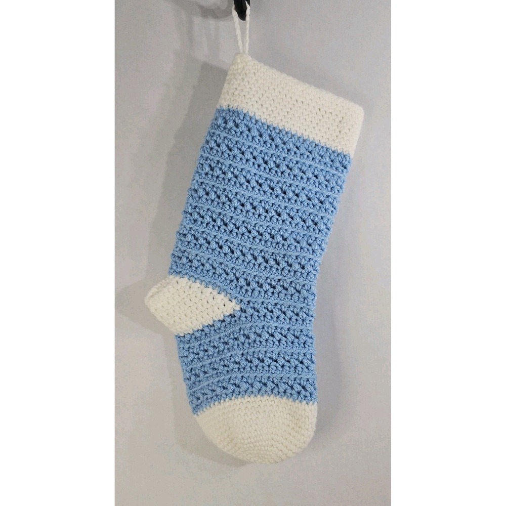 Crocheted Hanging Baby Christmas Stocking -15"x6" Baby Blue & White - NWOT